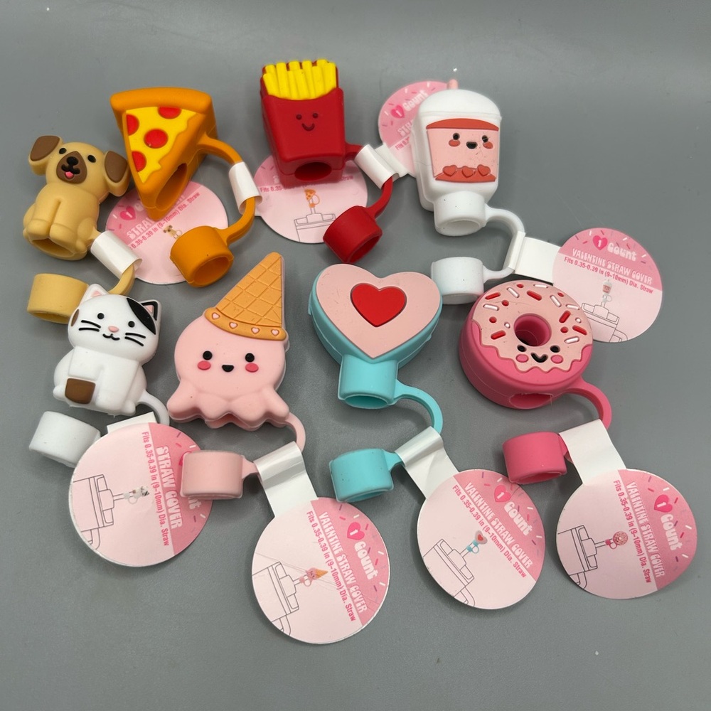 Target Bullseye Valentine Silicone Straw Cover Toppers Set 8 Boba Cat Dog 2025